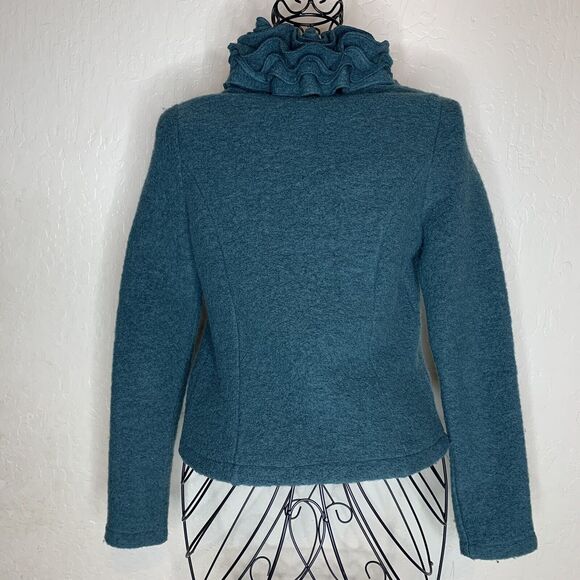 Lana Green Felted Wool Blend Ruffle Collar Cardigan Womens Size XS - Picture 3 of 5